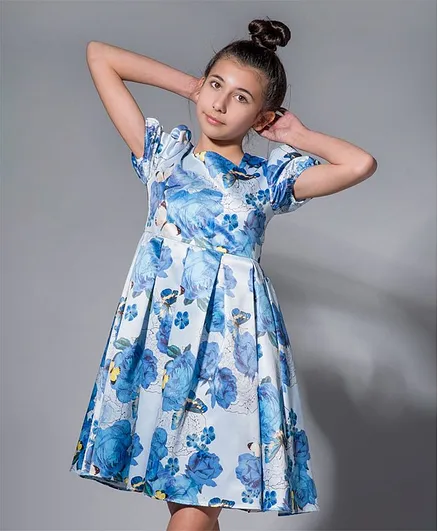 Angel & Rocket Puff Half Sleeves Floral Print Dress - Blue