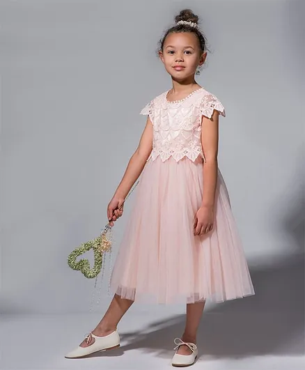 Angel & Rocket Short Sleeves Flower Lace Embroidery Detailing Tulle Dress - Blush
