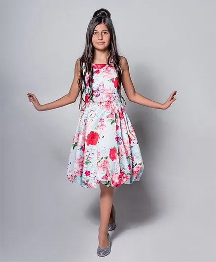 Angel & Rocket Sleeveless Flower Print Balloon Style Dress - Blue