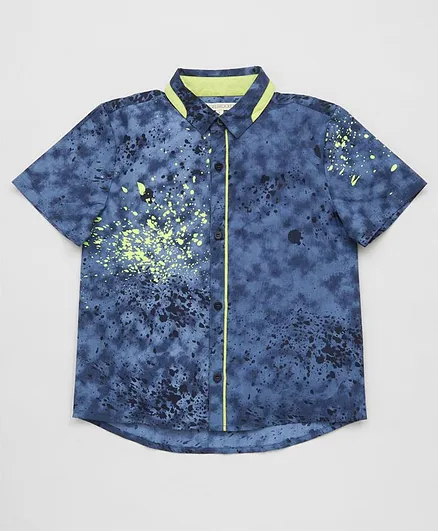 Angel & Rocket Half Sleeves Paint Splash Print Shirt - White & Blue
