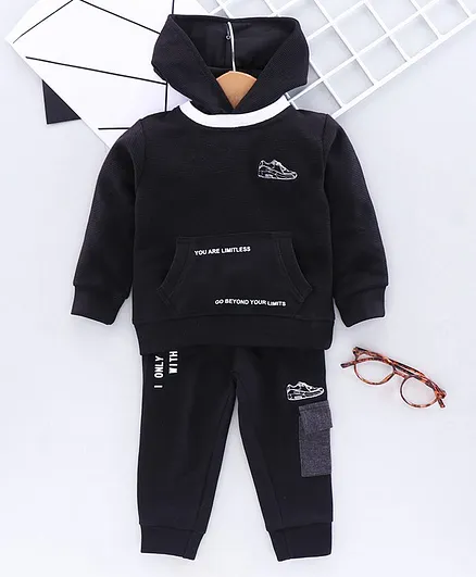 ToffyHouse Full Sleeves Hooded Jacket with Lounge Pant Text Print - Black