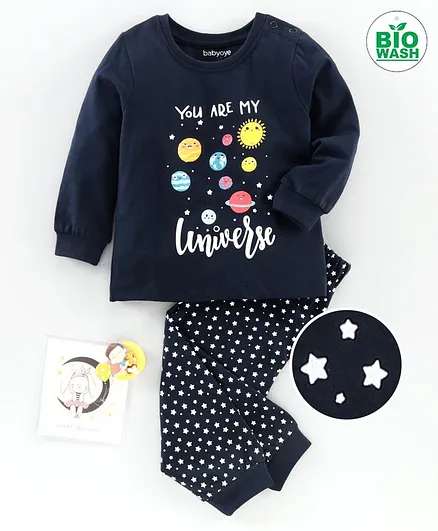 Babyoye Full Sleeves Cotton Night Suit Universe Print - Navy Blue