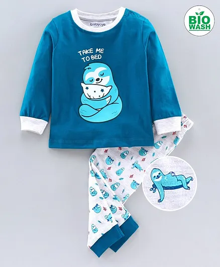 Babyoye Full Sleeves Cotton Blend Night Suit Sloth Print - Blue