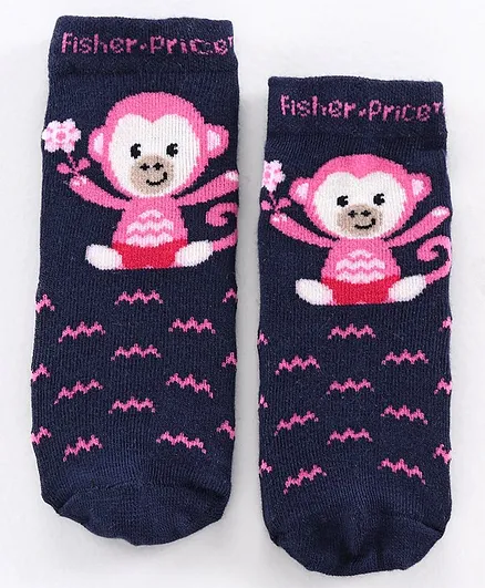 Bonjour Ankle Length Socks Monkey Design - Navy Blue