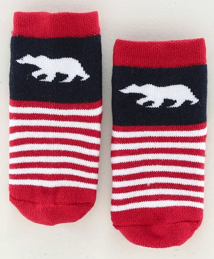 Bonjour Ankle Length Socks Bear Design Striped - Red