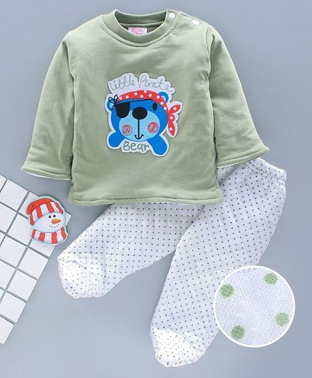 Tappintoes Full Sleeves Winter Wear Suit Bear Print - Green