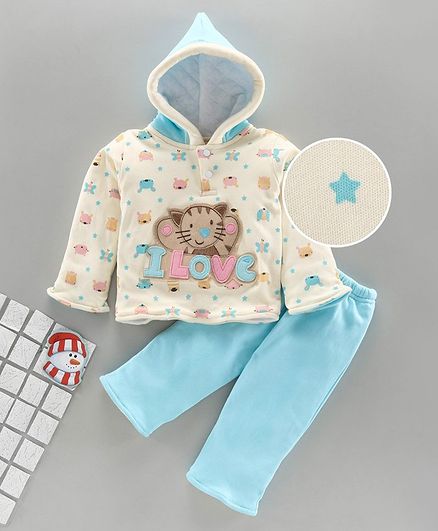 Tappintoes Full Sleeves Hooded Tee and Lounge Pant Animal Print - Blue