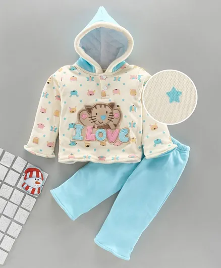 Tappintoes Full Sleeves Hooded Tee and Lounge Pant Animal Print - Blue