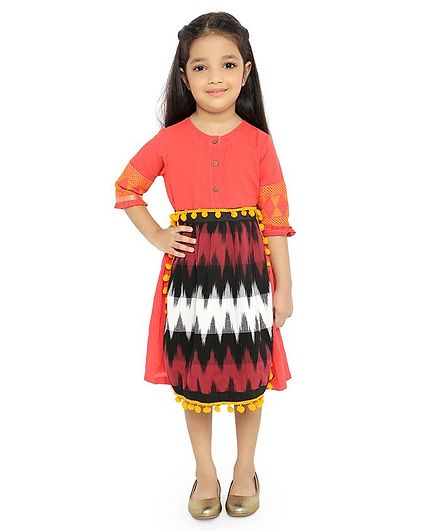Twisha Three Fourth Sleeves Dress With Ikat European Apron - Orange