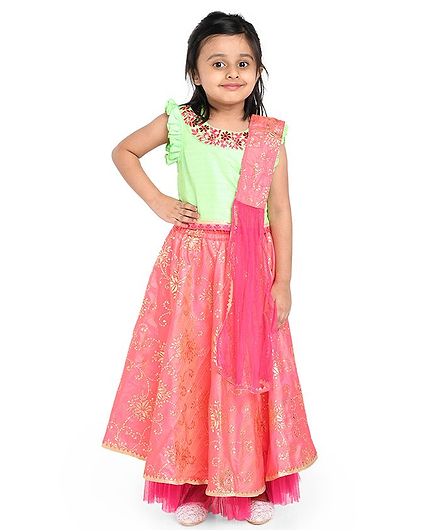 Twisha Sleeveless Yoke Embroidery Detailing Choli With Flared Lehenga & Dupatta - Green & Pink