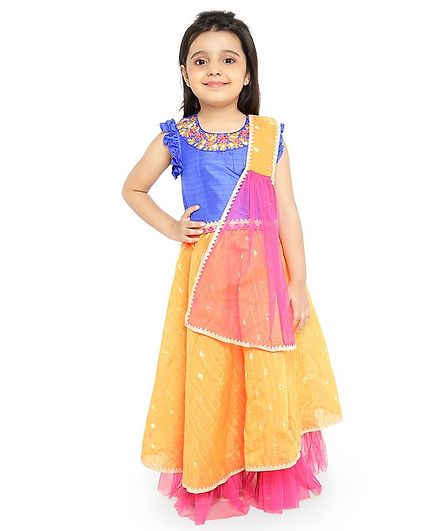 Twisha Sleeveless Yoke Embroidery Detailing Choli With Flared Lehenga & Dupatta - Blue & Yellow