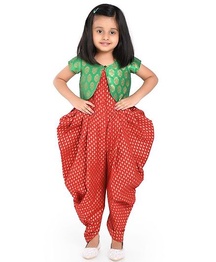 Twisha Butti Work Detailing Jumpsuit With Half Sleeves Brocade Shrug - Red