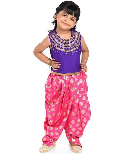 Twisha Sleeveless Golden Embroidery Detailing Top & Dhoti Set - Purple