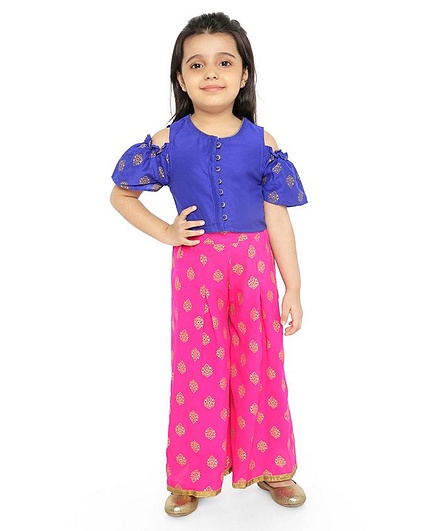 Twisha Half Sleeves Cold Shoulder Top With Butti Work Palazzo - Blue & Pink