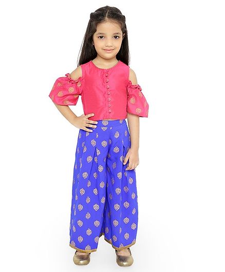 Twisha Half Sleeves Cold Shoulder Top With Butti Work Palazzo - Pink & Blue