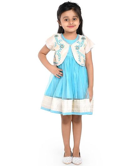Twisha Short Sleeves Yoke Embroidered Jacket And Flared Dress - Sky Blue