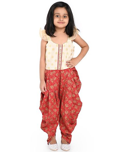 Twisha Short Sleeves Yoke Embroidery Dhoti Jumpsuit - Red