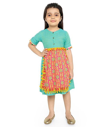 Twisha Half Sleeves Pom Pom Detailed Apron With Motif Printed Dress - Sea Green