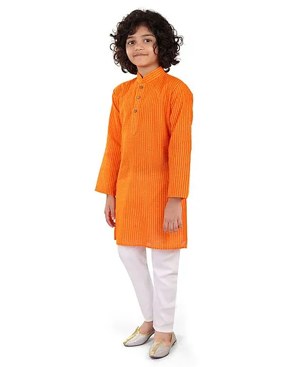 Nakshi By Yug Full Sleeves Striped Kurta & Pajama Set - Orange