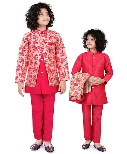 Nakshi By Yug Full Sleeves Kurta With Floral Jacquard Jacket & Pajama - Pink
