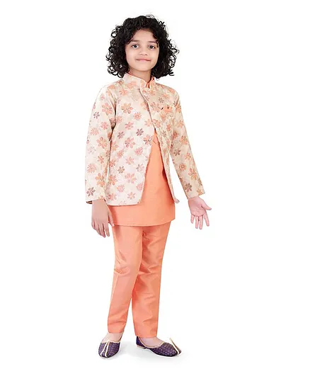 Nakshi By Yug Flower Design Jacket With Full Sleeves Kurta With Pajama - Peach