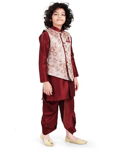 Nakshi By Yug Full Sleeves Kurta With Pajama & Floral Jacket With Dhoti - Maroon