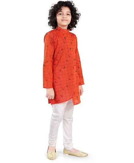 Nakshi By Yug Full Sleeves Checked Asymmetrical Kurta With Pajama - Dark Orange