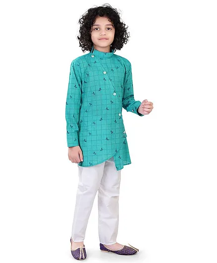 Nakshi By Yug Full Sleeves Checked Asymmetrical Kurta With Pajama - Blue