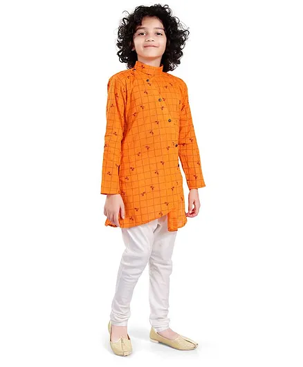 Nakshi By Yug Full Sleeves Checked Asymmetrical Kurta With Pajama - Orange