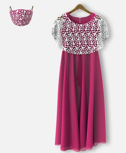 HEYKIDOO Sleeveless Gown With Floral Lace Work Shrug & Matching Face Mask - Dark Pink