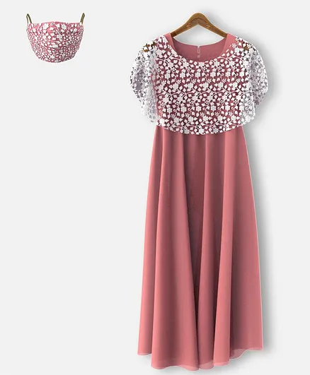 HEYKIDOO Sleeveless Gown With Floral Lace Work Shrug & Matching Face Mask - Peach