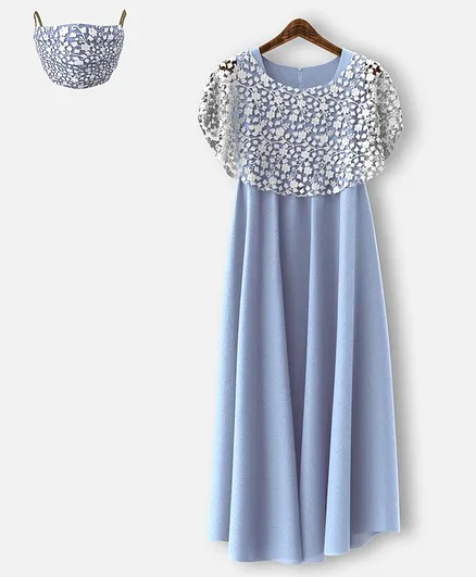 HEYKIDOO Sleeveless Gown With Floral Lace Work Shrug & Matching Face Mask - Light Blue