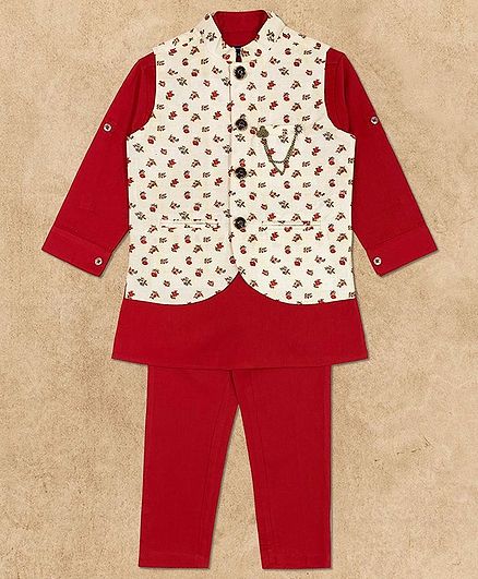 Charchit Full Sleeves Kurta With Floral Print Jacket & Pajama Set - Red