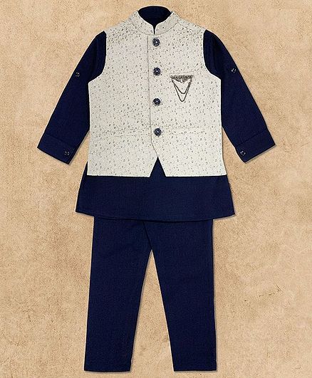 Charchit Full Sleeves Kurta With Self Design Jacket & Pajama Set - Navy Blue