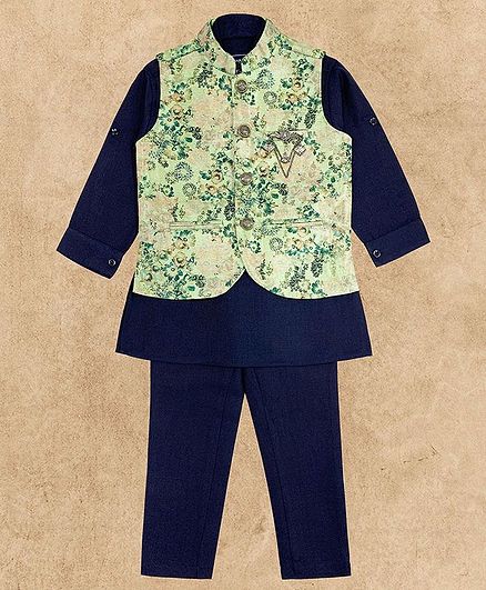 Charchit Full Sleeves Kurta With Floral Print Jacket & Pajama Set - Navy Blue