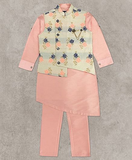 Charchit Full Sleeves Kurta With Flower Embroidery Detailing Jacket & Pajama Set - Light Pink