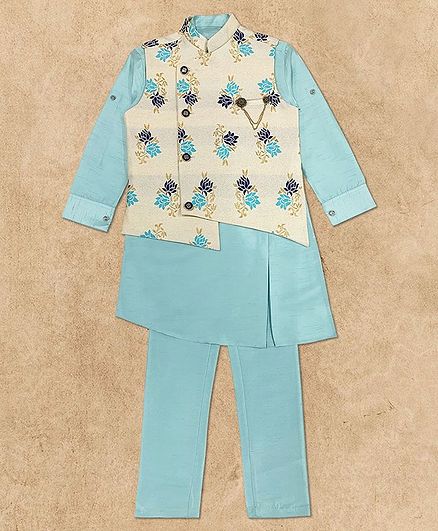 Charchit Full Sleeves Kurta With Flower Embroidery Detailing Jacket & Pajama Set - Sky Blue