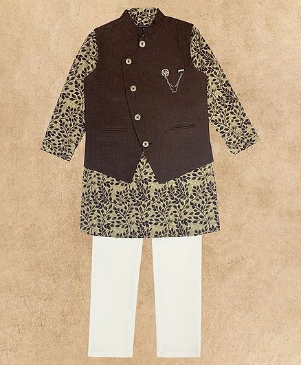Charchit Full Sleeves Leaves Printed Kurta With Jacket & Pajama - Brown