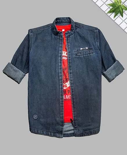 Charchit Text Printed Tee With Full Sleeves Denim Shirt - Navy Blue & Red