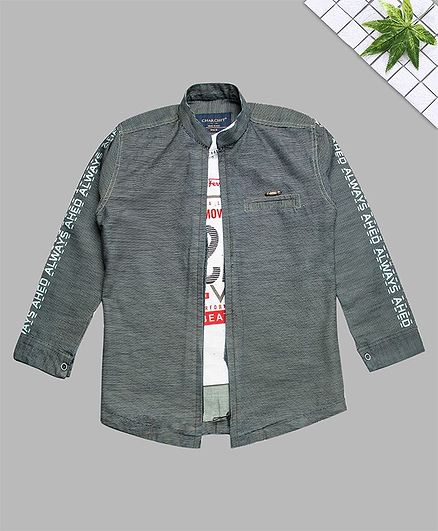 Charchit Text Printed Tee With Full Sleeves Denim Shirt - White & Grey