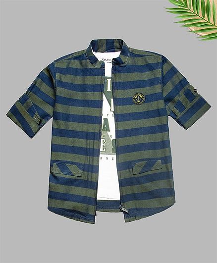Charchit Full Sleeves Denim Striped Zipper Shirt With T-Shirt - Green