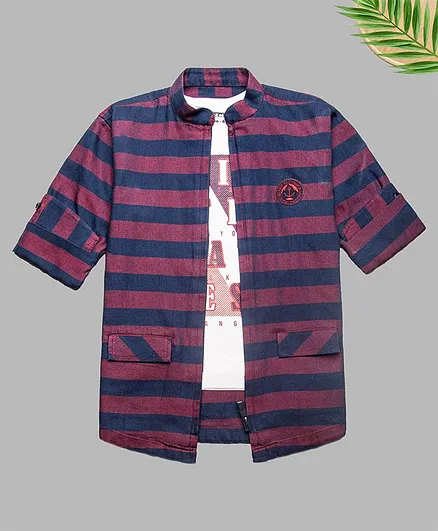 Charchit Full Sleeves Denim Striped Zipper Shirt With T-Shirt - Pink