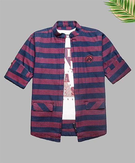Charchit Full Sleeves Denim Striped Zipper Shirt With T-Shirt - Pink