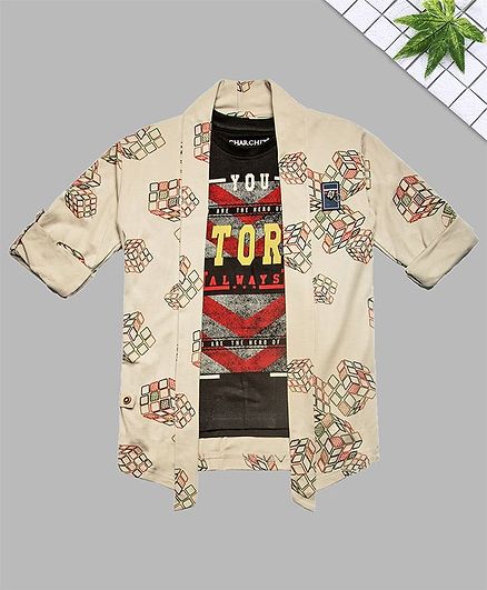 Charchit Full Sleeves Rubic Cube Printed Jacket With T-Shirt - Fawn