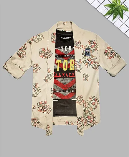 Charchit Full Sleeves Rubic Cube Printed Jacket With T-Shirt - Fawn