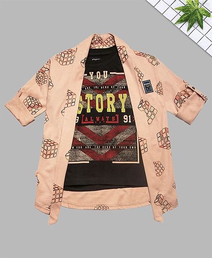 Charchit Full Sleeves Rubic Cube Printed Jacket With T-Shirt - Peach