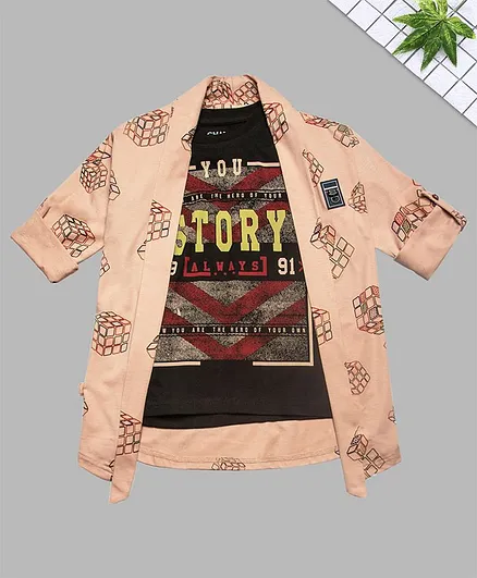 Charchit Full Sleeves Rubic Cube Printed Jacket With T-Shirt - Peach