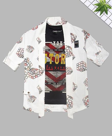 Charchit Full Sleeves Rubic Cube Printed Jacket With T-Shirt - White