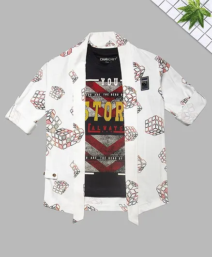 Charchit Full Sleeves Rubic Cube Printed Jacket With T-Shirt - White