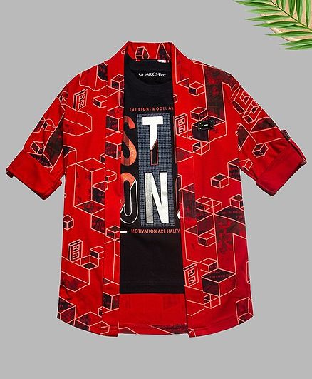 Charchit Full Sleeves Abstract Print Open Jacket With T-Shirt - Red
